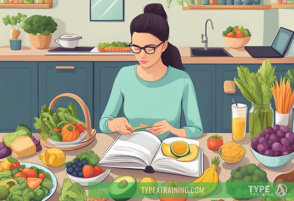 A woman browsing through a keto diet book, surrounded by healthy food and exercise equipment