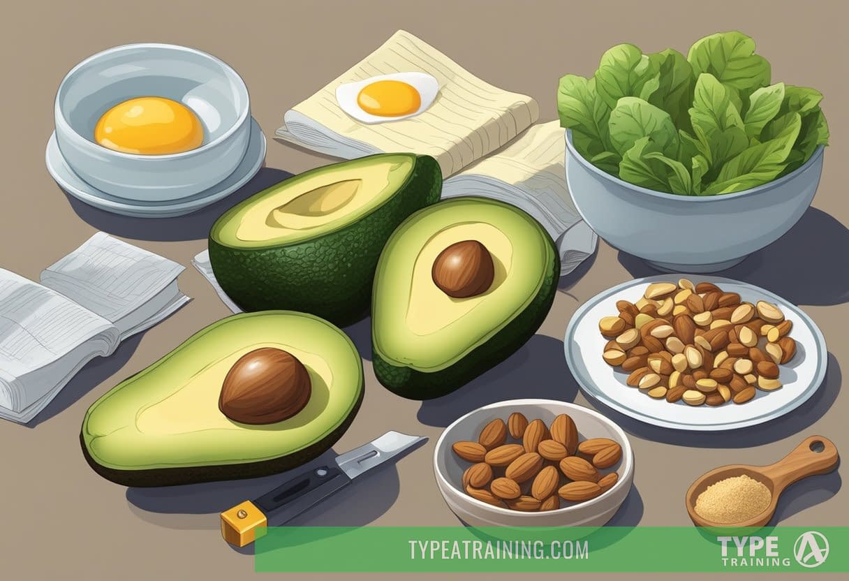 A table set with a variety of low-carb, high-fat foods - avocados, nuts, eggs, and leafy greens. A measuring tape, scale, and cookbook are nearby