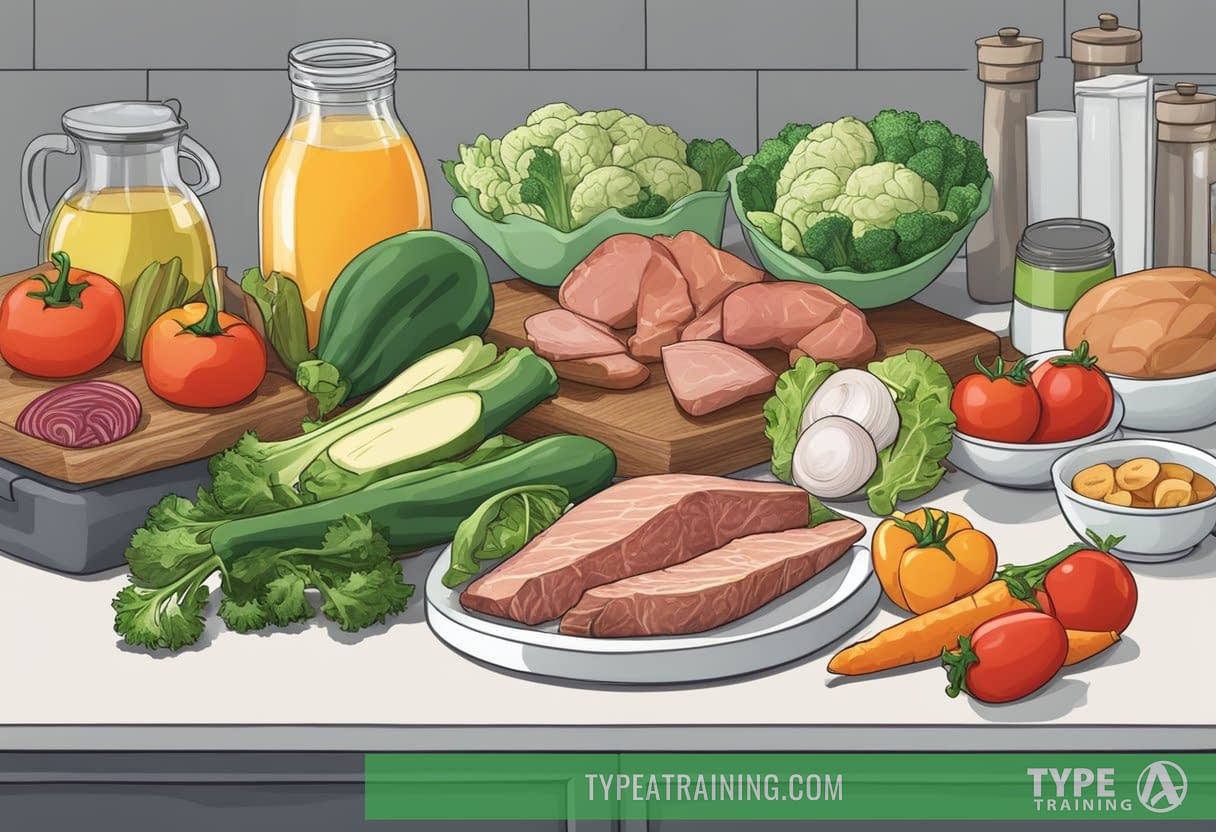 A kitchen counter with fresh vegetables, meats, and healthy fats. A book titled "Keto Diet for Beginners" open to a page with a meal plan