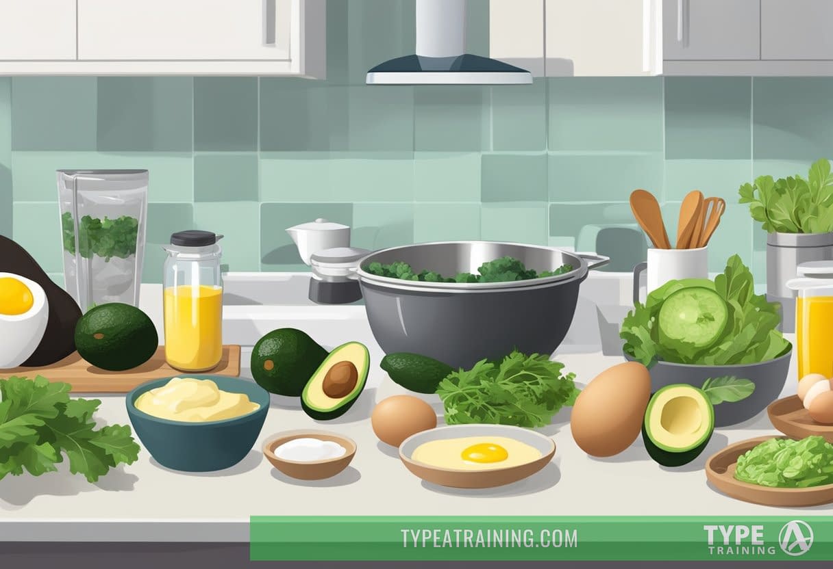 A kitchen counter with various low-carb foods, such as avocados, eggs, and leafy greens. A scale and measuring cups sit nearby