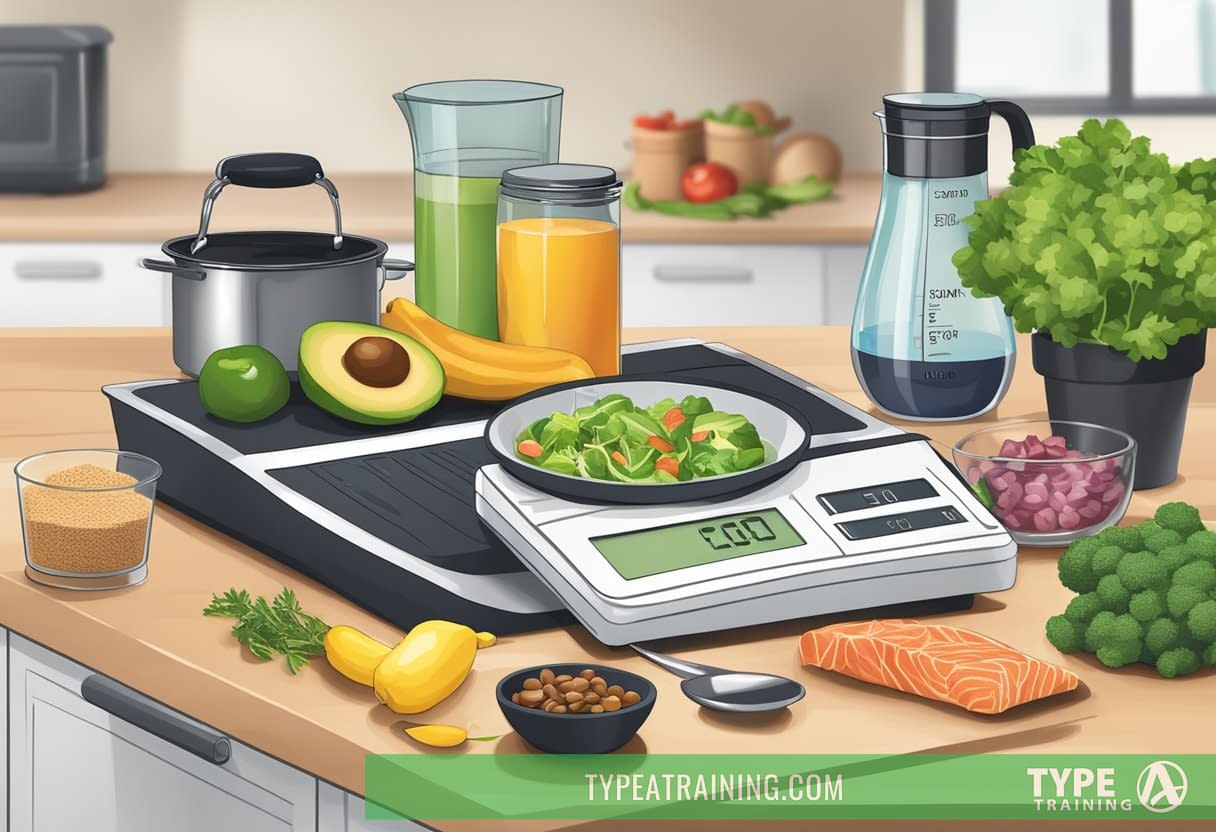 A kitchen counter with various low-carb foods, a cookbook titled "Planning Keto Meals: The Ultimate Guide to the Ketogenic Diet", and a digital food scale