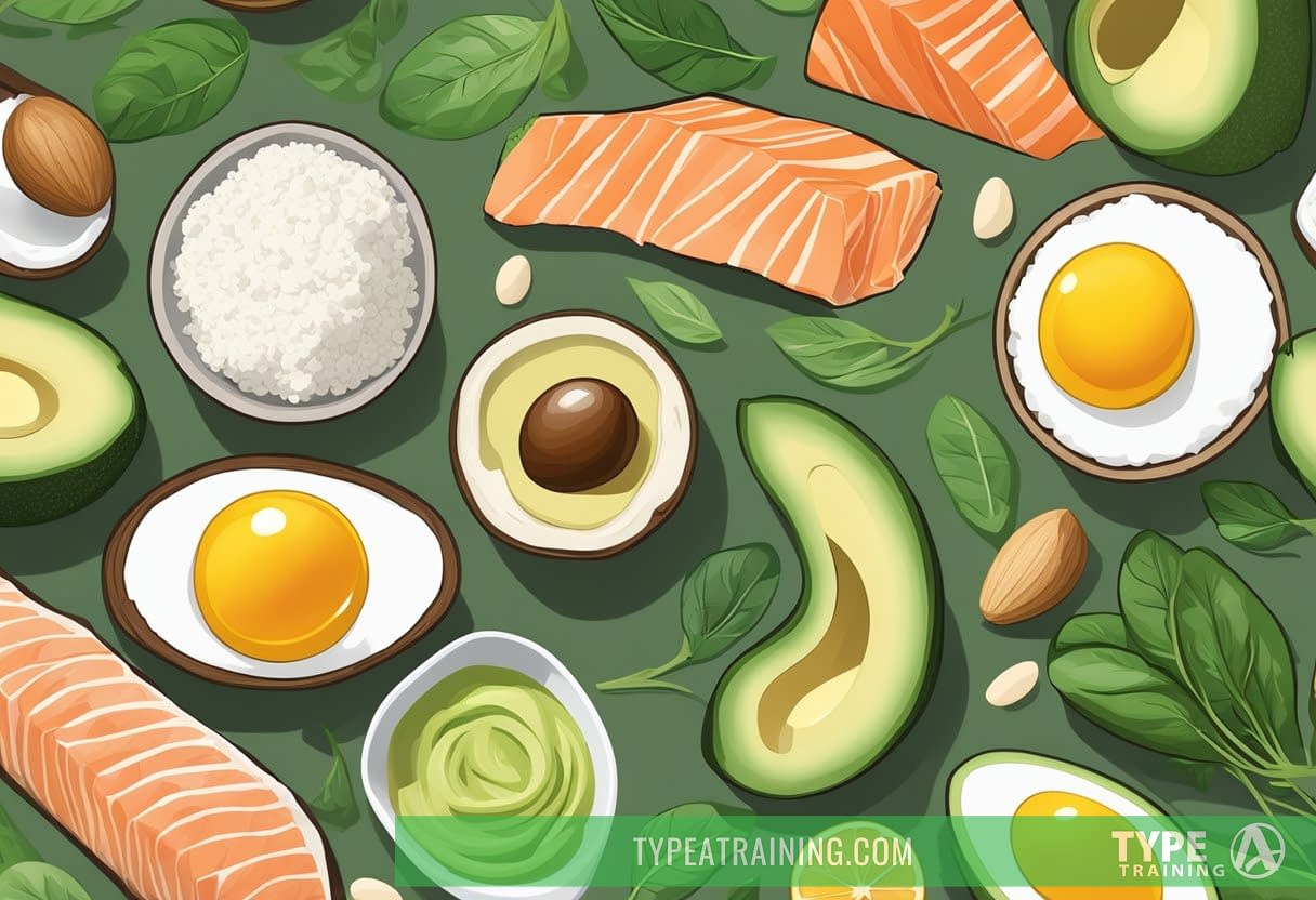A table with keto foods: avocado, eggs, spinach, and salmon. Alternatives: cauliflower rice, zucchini noodles, almond flour, and coconut oil
