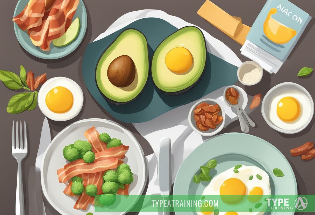 A table set with low-carb, high-fat foods like avocados, eggs, and bacon. A meal plan, keto-friendly cookbooks, and a scale are nearby