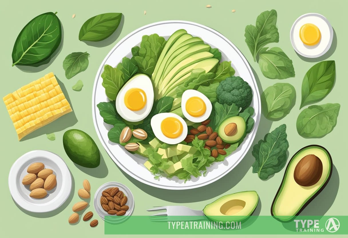 A spread of low-carb, high-fat foods: avocados, nuts, eggs, and leafy greens. A scale with ketone strips, and a meal plan on a table