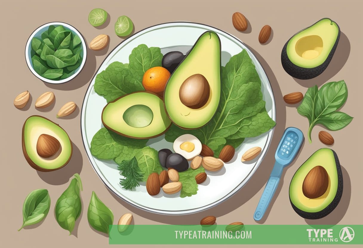 A colorful plate with a variety of low-carb, high-fat foods, including avocado, nuts, and leafy greens. A scale and measuring tape nearby