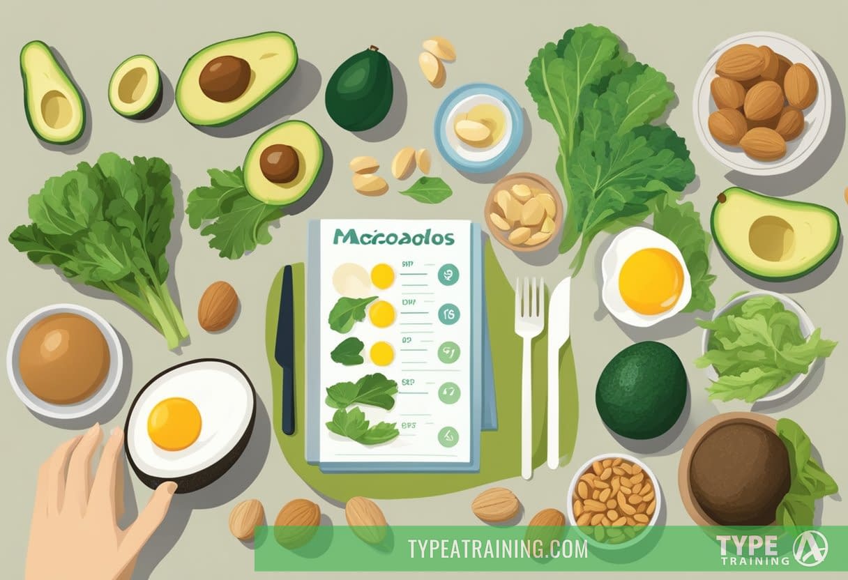 A table with various food items: avocados, eggs, nuts, and leafy greens. A scale showing macronutrient ratios. A person choosing between high-fat, low-carb options