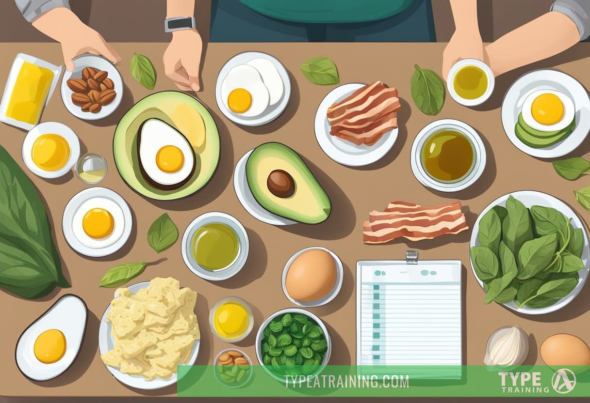 A table with a variety of keto-friendly foods: avocados, eggs, bacon, spinach, nuts, and olive oil. A keto meal plan and a measuring tape are also on the table
