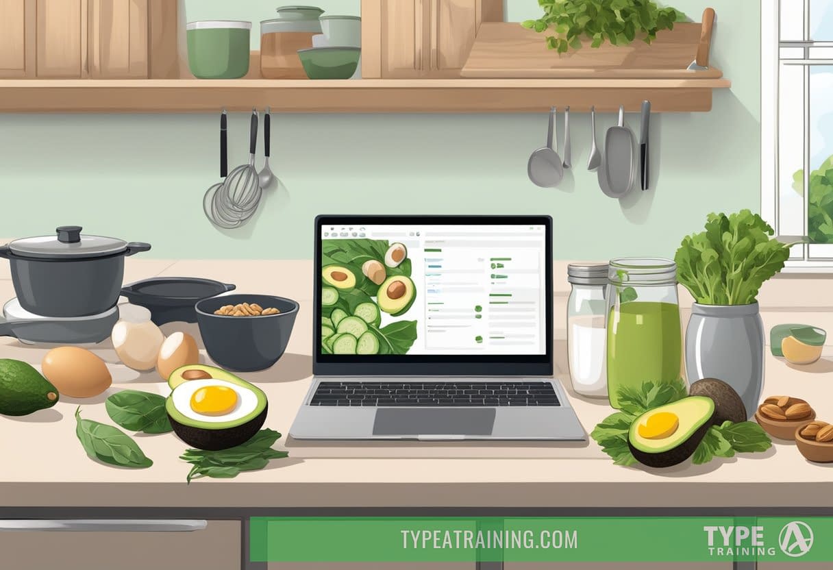 A kitchen counter with keto-friendly foods: avocados, eggs, nuts, and leafy greens. A cookbook open to a keto recipe, with a laptop displaying keto diet information