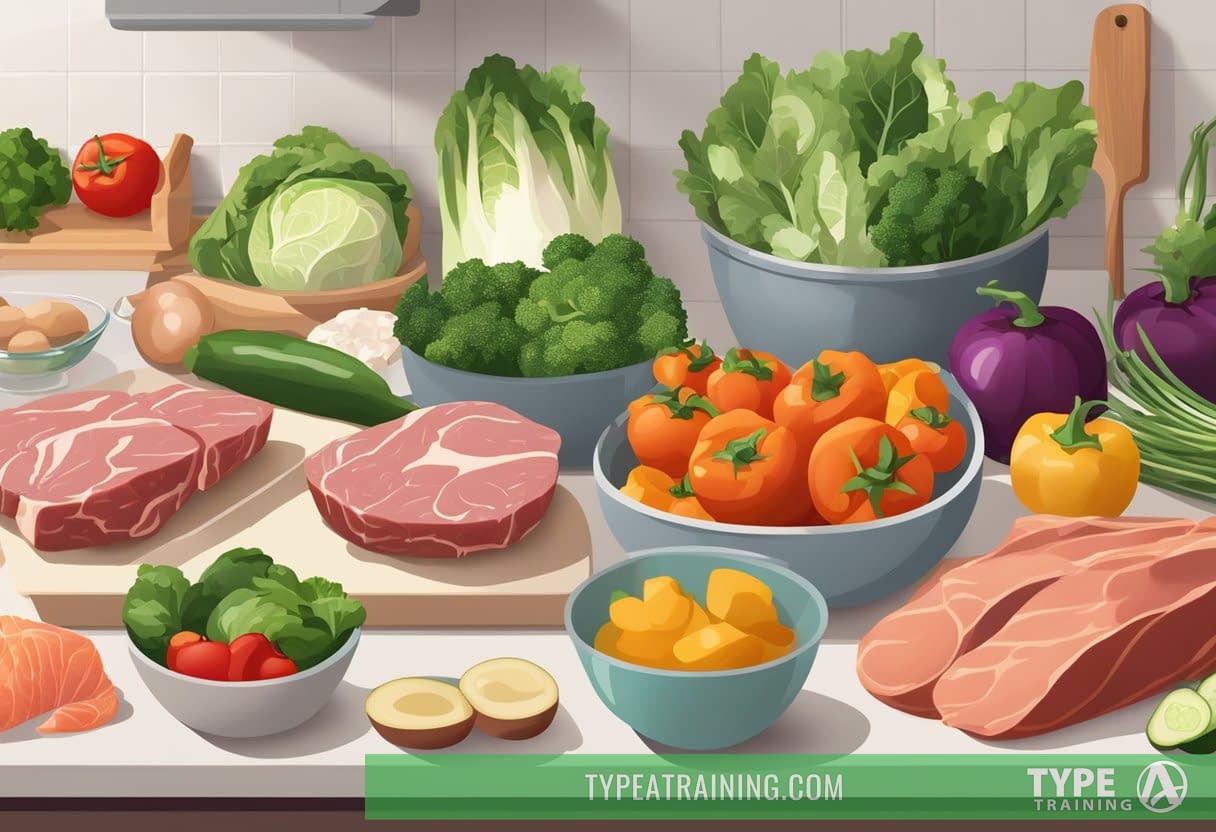 A variety of fresh vegetables, lean meats, and healthy fats are laid out on a clean kitchen counter, ready to be used for preparing keto meals
