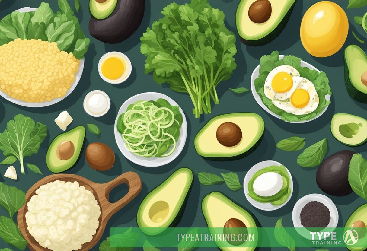 A table with keto-friendly foods like avocados, eggs, and leafy greens, alongside their low-carb alternatives such as cauliflower rice and zucchini noodles