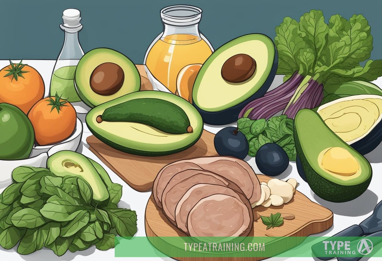 A kitchen counter with a variety of keto-friendly foods such as avocados, nuts, leafy greens, and lean meats. Alternatives like cauliflower rice and zucchini noodles are also present