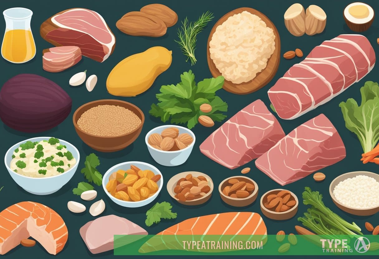A variety of keto-friendly foods displayed on a table, including meats, vegetables, nuts, and low-carb alternatives