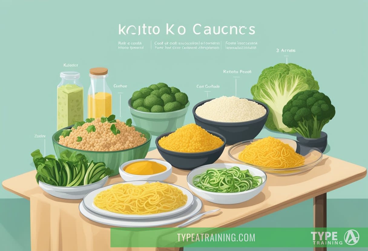 A table with low-carb food options next to their high-carb counterparts. Keto-friendly ingredients like cauliflower rice and zucchini noodles are displayed