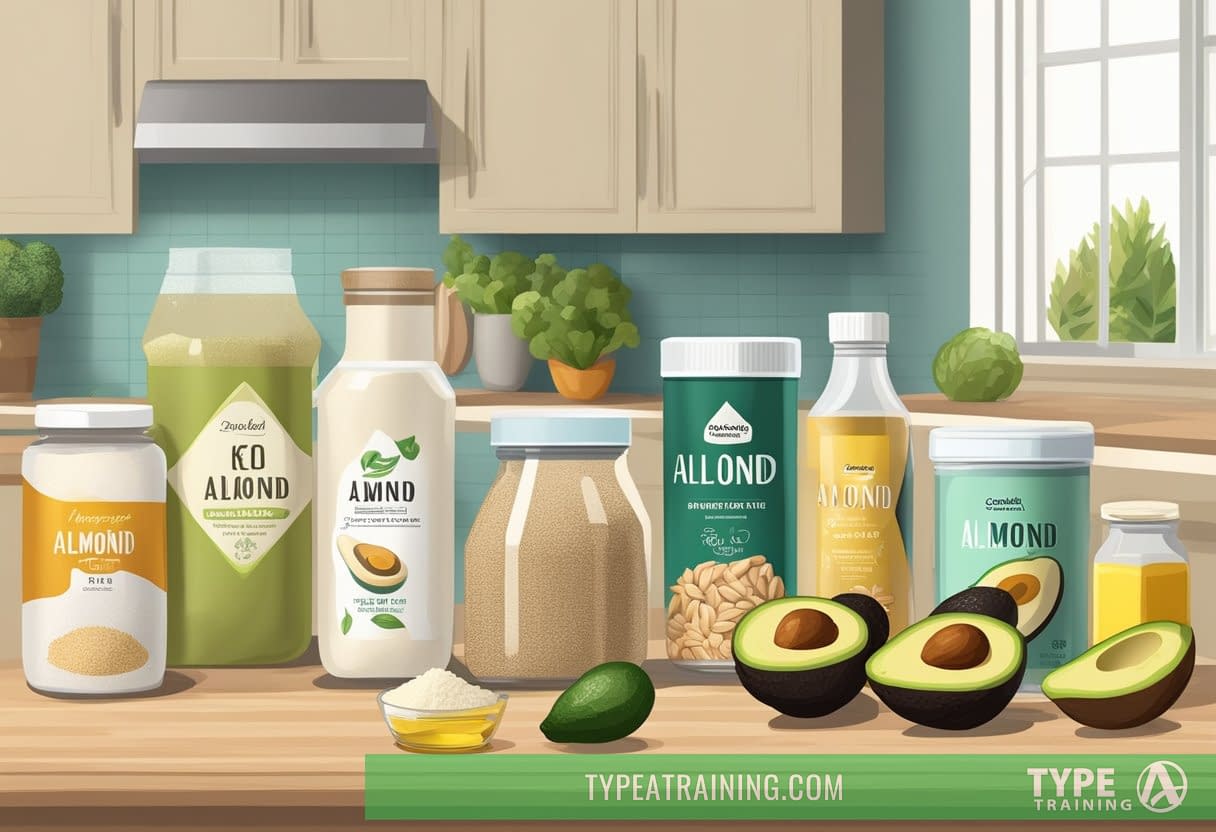 A kitchen counter with keto-friendly ingredients like almond flour, coconut oil, and avocado displayed next to their common counterparts like wheat flour and vegetable oil