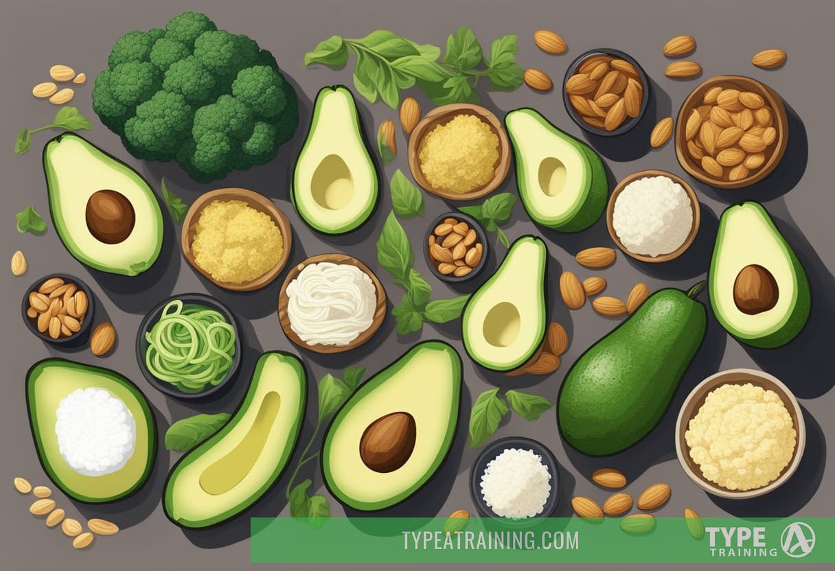 A table displays keto-friendly foods: avocado, cauliflower, almond flour, and zucchini noodles as alternatives to high-carb options