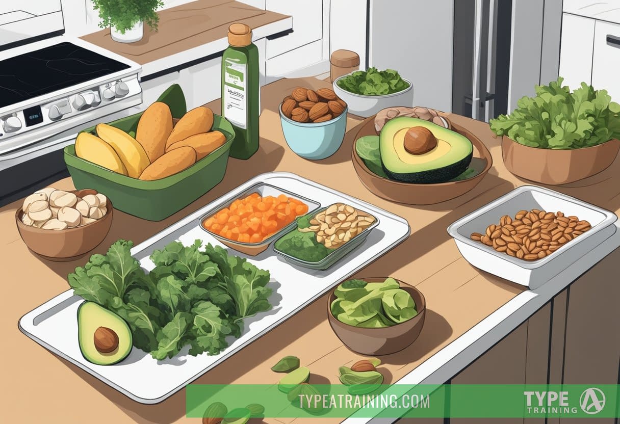 A kitchen counter with a variety of keto-friendly foods such as avocados, leafy greens, lean meats, and nuts. A meal plan and recipe book are open nearby