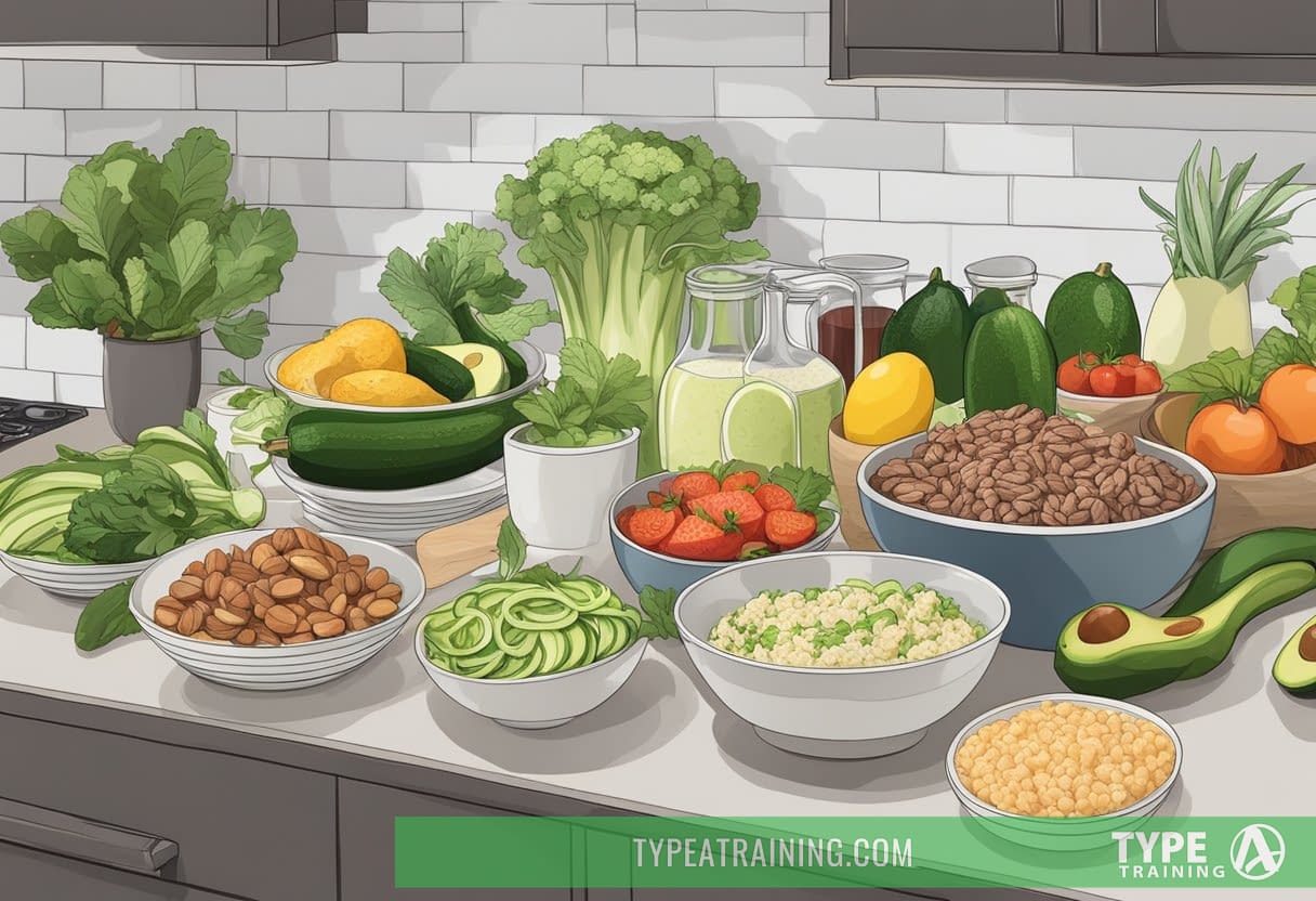 A kitchen counter with a variety of keto-friendly foods and their alternatives, such as cauliflower rice, zucchini noodles, avocado, nuts, and lean meats
