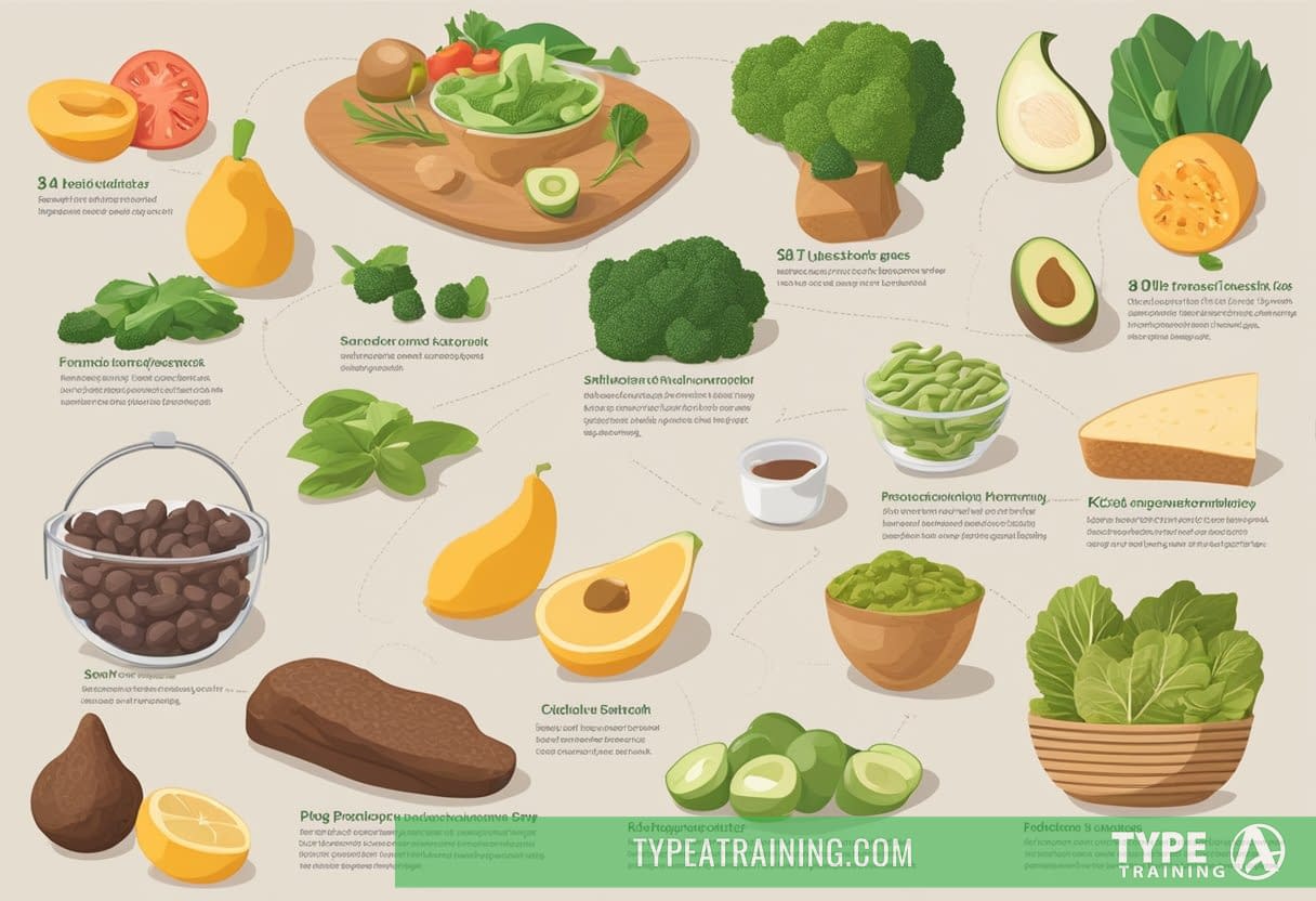 A table with various keto-friendly foods and their alternatives, surrounded by a list of frequently asked questions about the ketogenic diet
