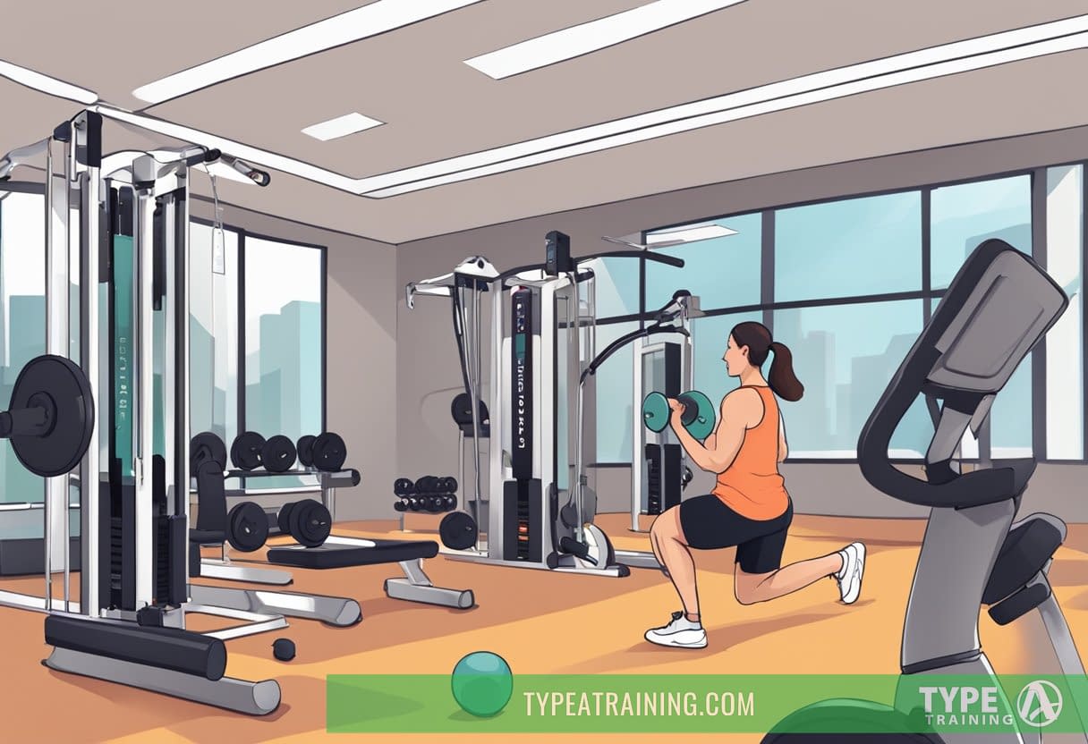 A gym setting with keto-friendly workout equipment and a person exercising with high energy