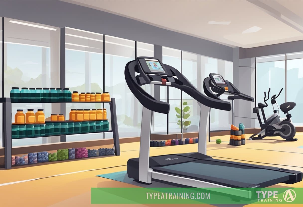 A gym with keto-friendly supplements and workout equipment arranged for efficient training