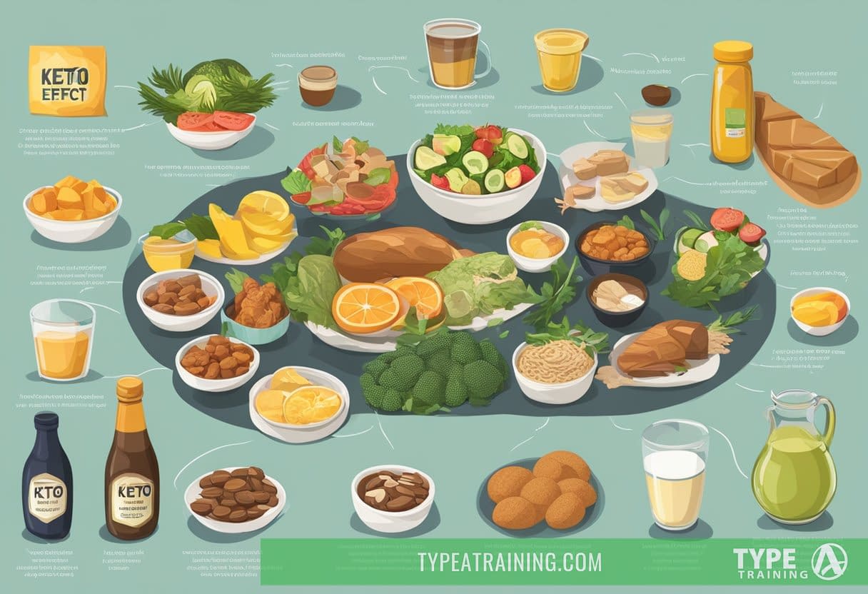 A table filled with various foods and drinks, with a warning sign and a list of potential side effects of the keto diet displayed prominently