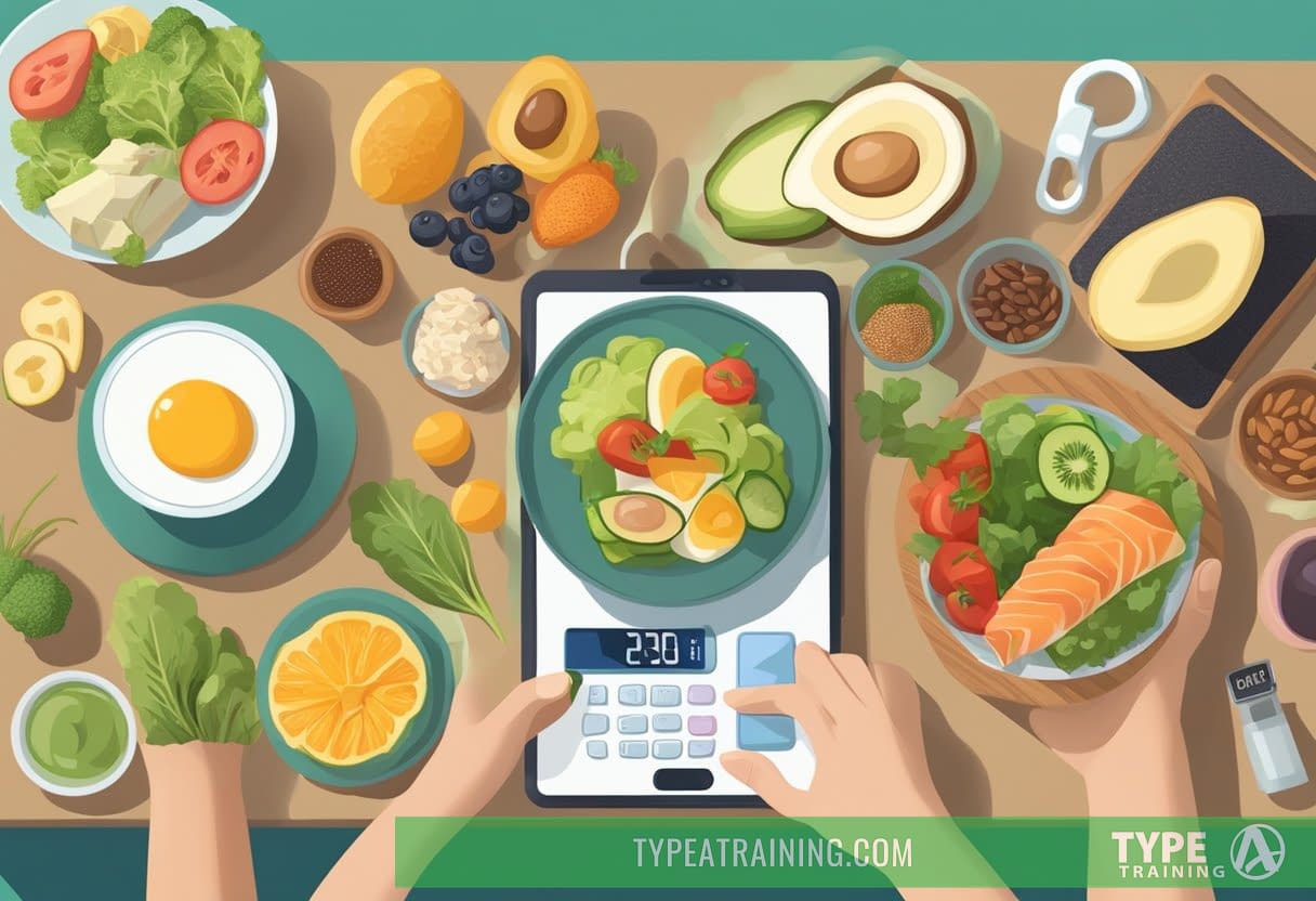 A table with a variety of keto-friendly foods, a measuring tape, and a scale. A person checking their phone for keto diet information