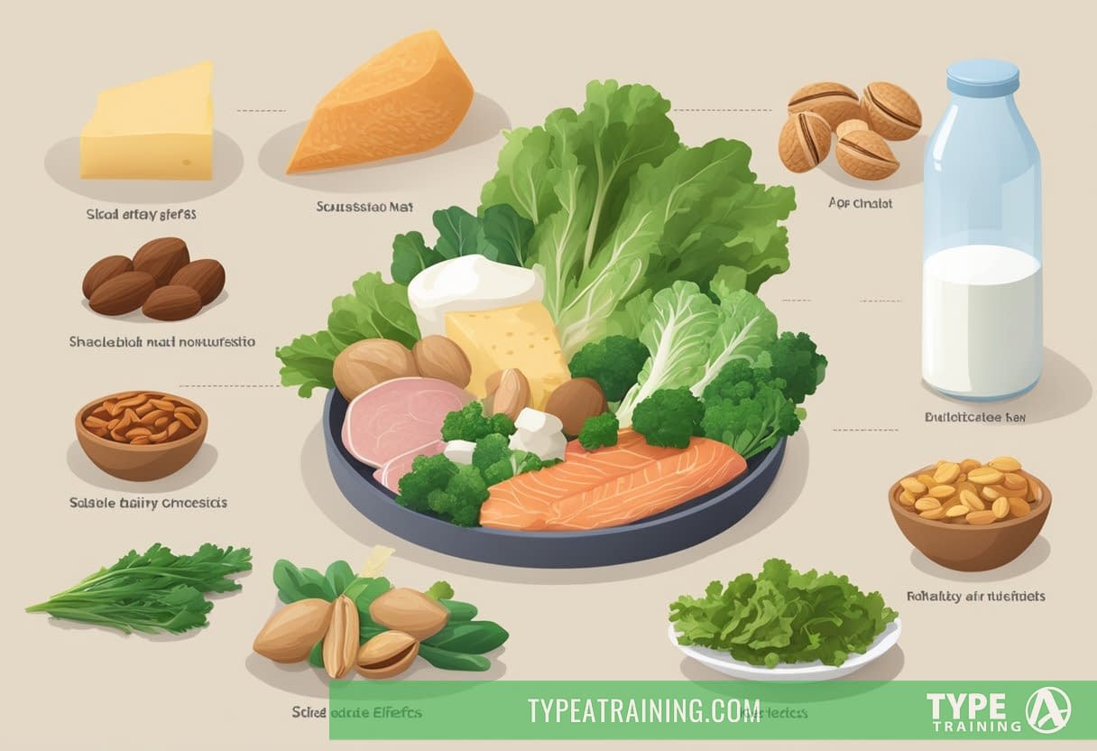 A table with various foods: meats, leafy greens, nuts, and dairy. A scale showing potential side effects on one side and nutritional considerations on the other
