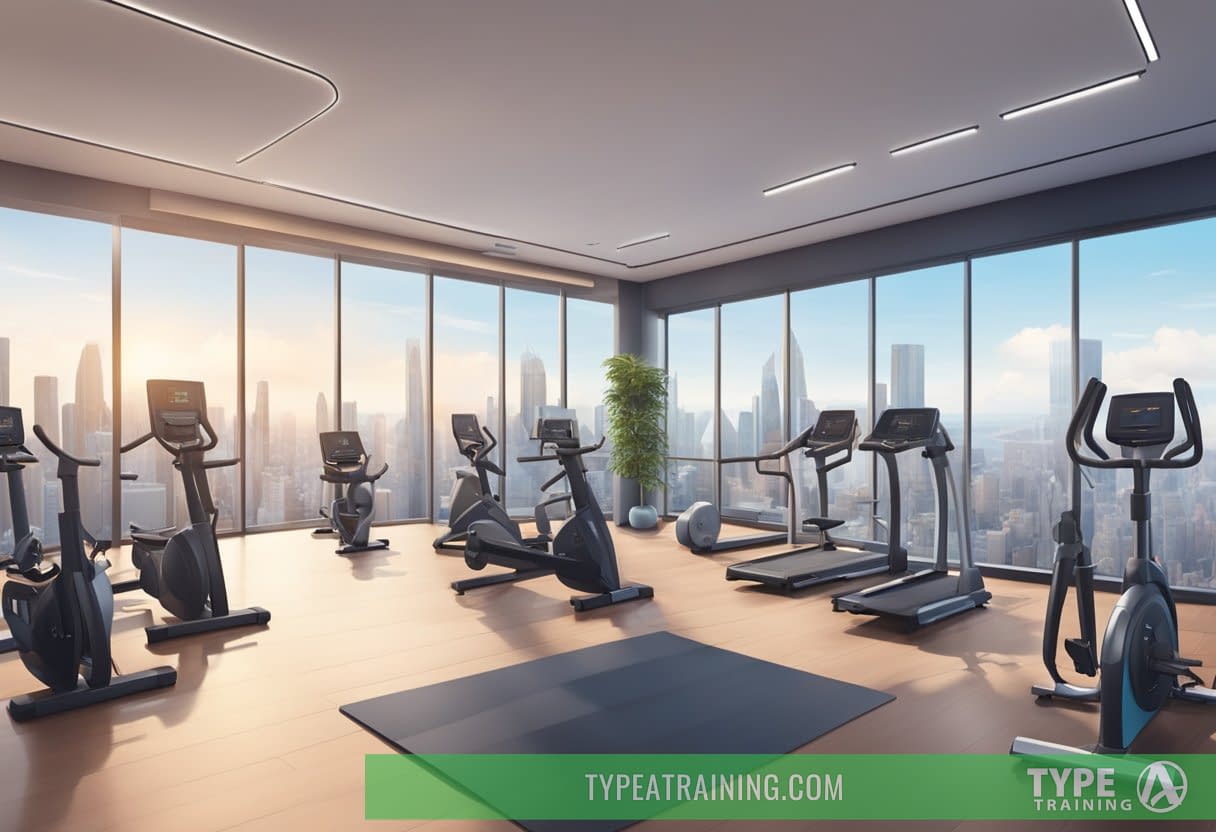 A sleek, modern gym with high-tech equipment and panoramic city views. Busy professionals in suits and sneakers work out with personal trainers