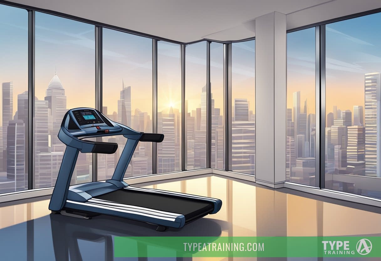 A sleek pair of running shoes on a treadmill, surrounded by a modern office setting with a view of the city skyline