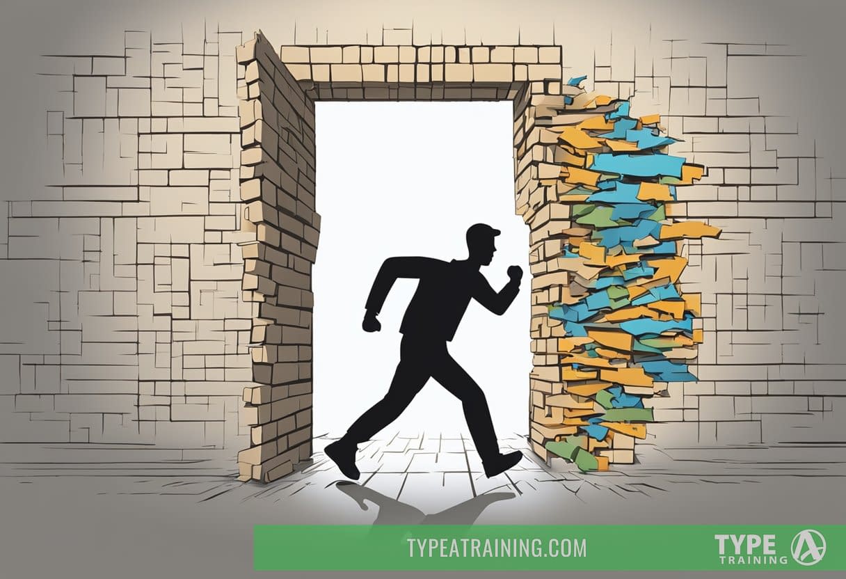 A figure breaking through a wall with the words "Overcoming Mental Barriers Running" written on it, symbolizing the ultimate personal training solution for busy executives