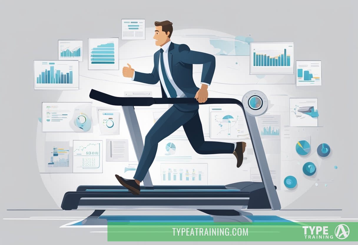 A busy executive in a suit running on a treadmill with a personalized training plan displayed on a digital screen