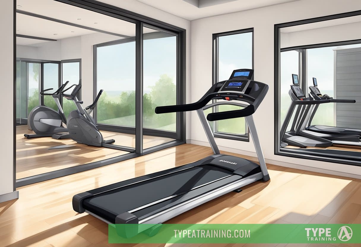 A sleek, modern treadmill sits in a spacious, well-lit home gym. The room is filled with state-of-the-art exercise equipment, creating an inviting environment for a productive workout