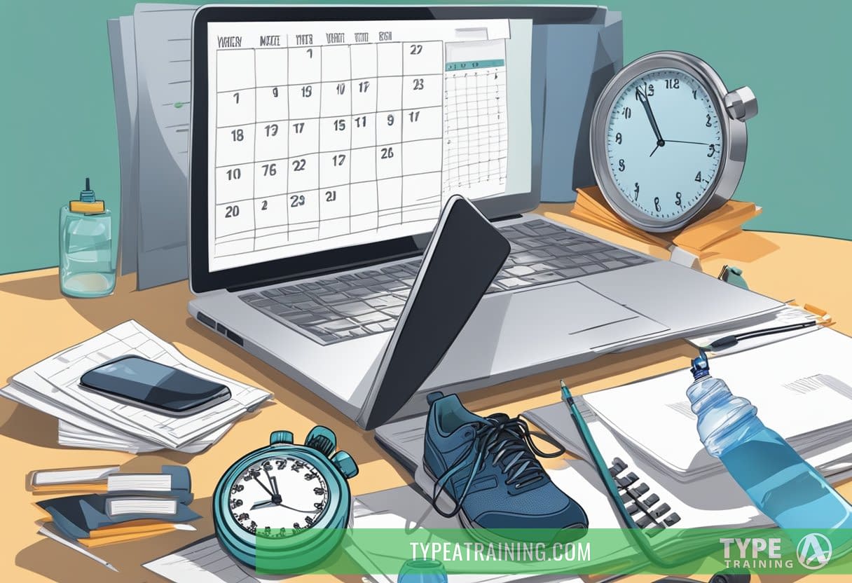 A busy executive with a laptop and running shoes, surrounded by a stack of papers and a calendar, with a stopwatch and water bottle nearby