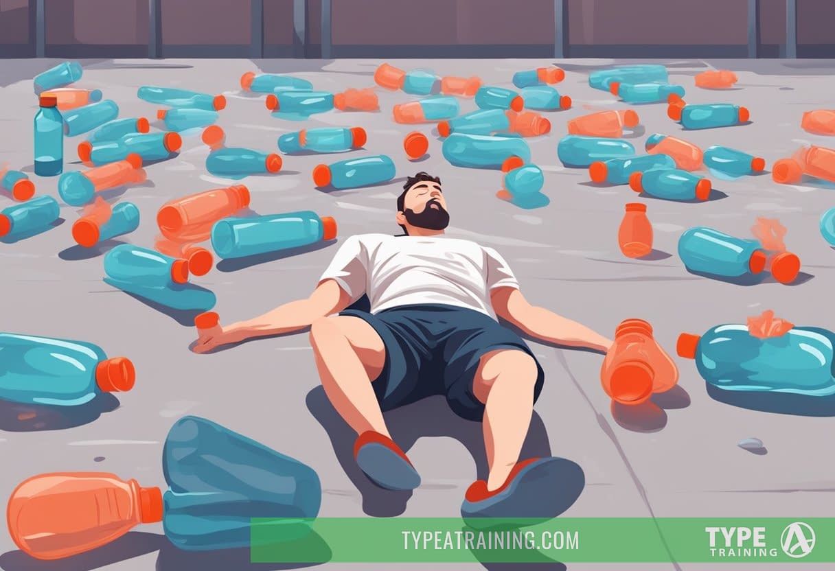 A person lying on the ground, flushed and sweating heavily, with a red face and shallow breathing, surrounded by empty water bottles and a deserted exercise area