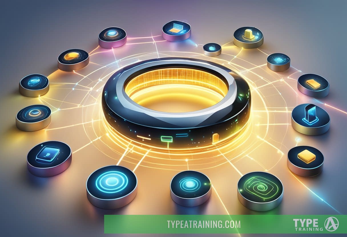 A smart ring glowing with data streams, linking to various devices and networks, symbolizing connectivity and integration