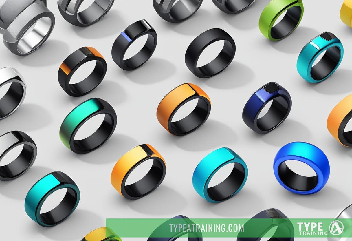 A smart ring displayed in a modern market setting, surrounded by various consumer options