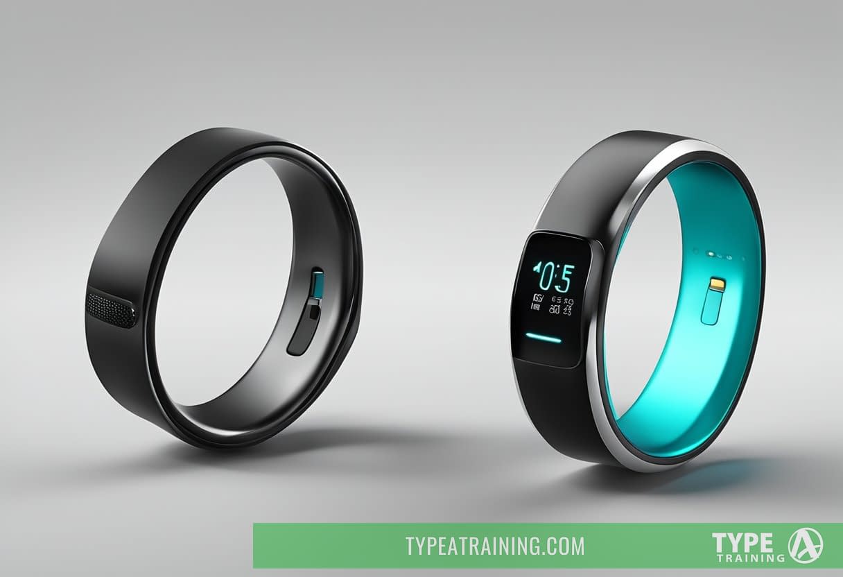 A smart ring with sensors and a sleek design, displaying health data on a smartphone app