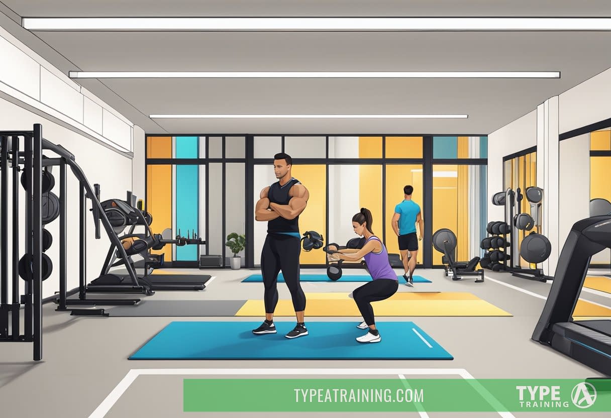 A bright, modern gym with sleek equipment and a professional trainer assisting a client. The Equinox logo is prominently displayed