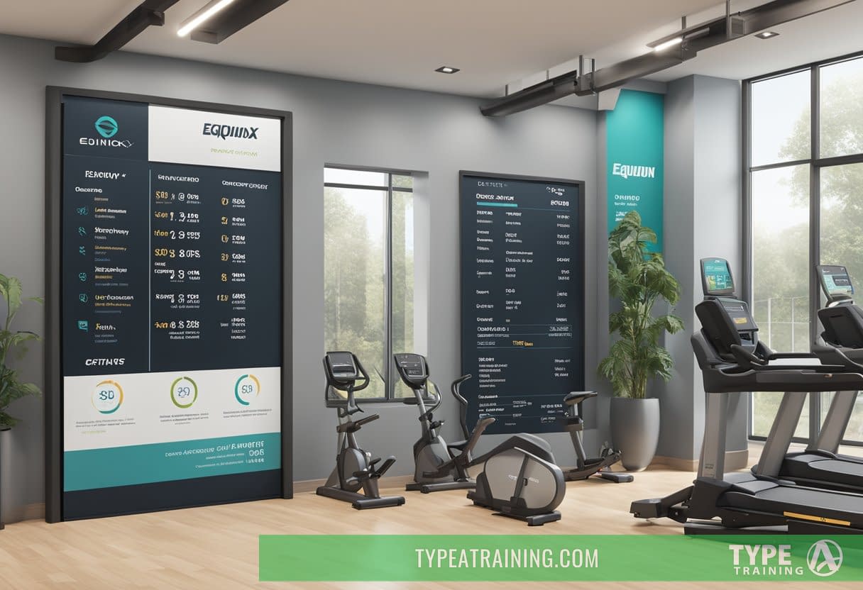Equinox logo displayed with price list and policy signage in a clean, modern gym setting