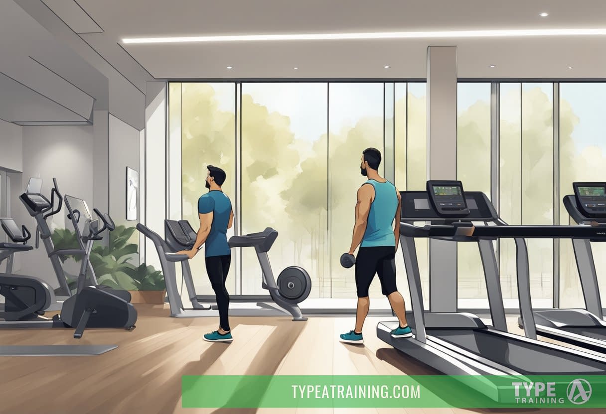 A person is seen comparing prices at Equinox gym and for in-home personal training. The gym setting is modern and sleek, with fitness equipment and a reception desk