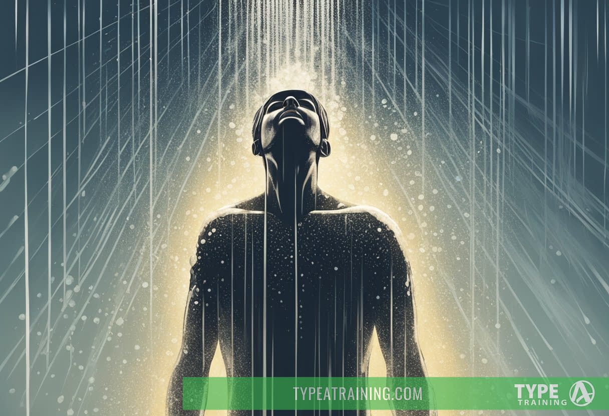A person standing under a cold shower, water cascading down their body, with a look of invigoration and energy on their face