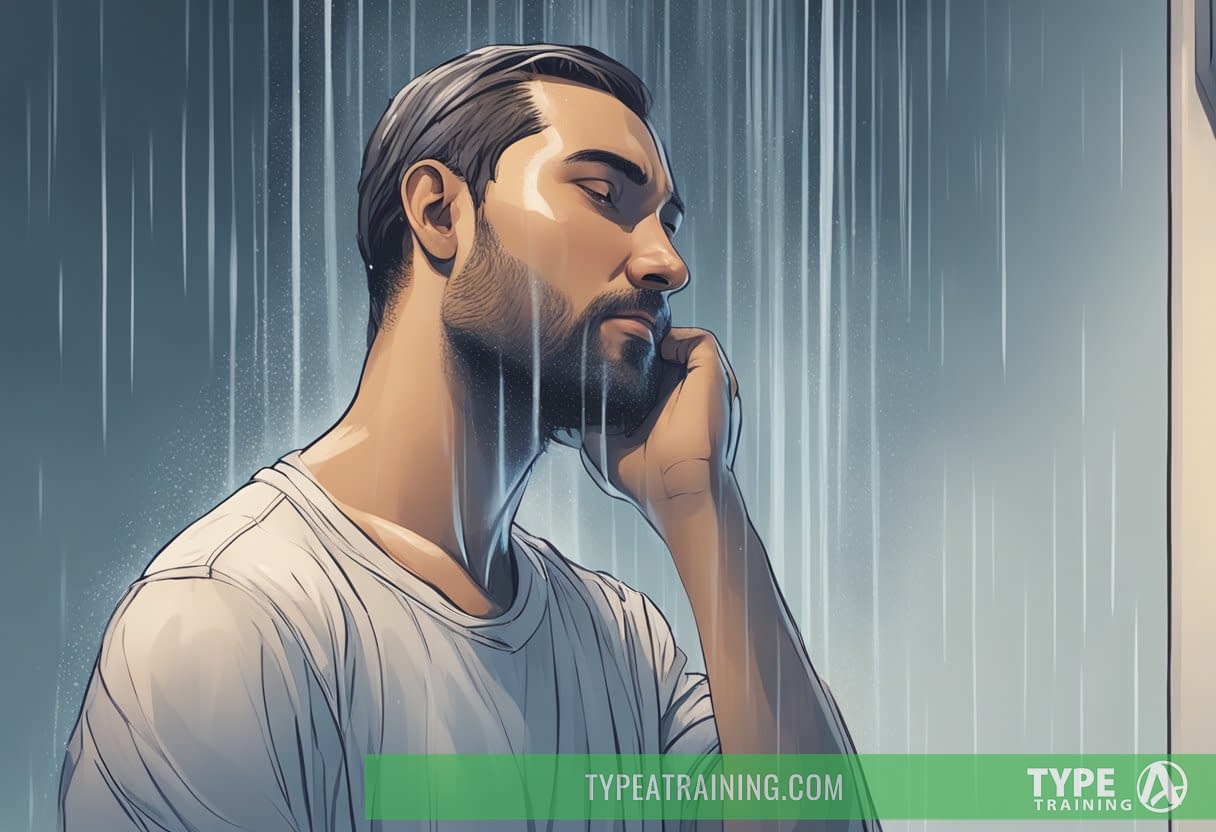 A person standing under a cold shower, steam rising, with a serene expression on their face