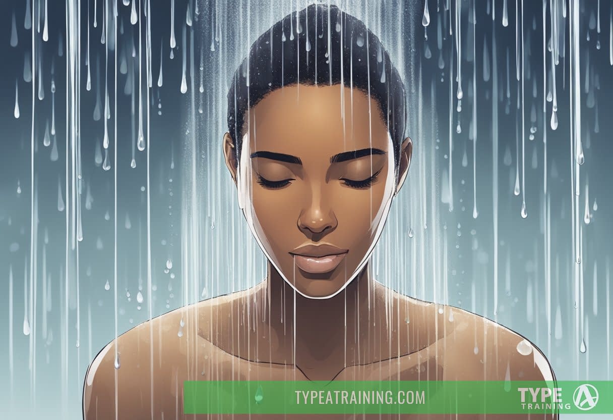 A person standing under a cold shower, water droplets cascading down their body, with a serene expression on their face