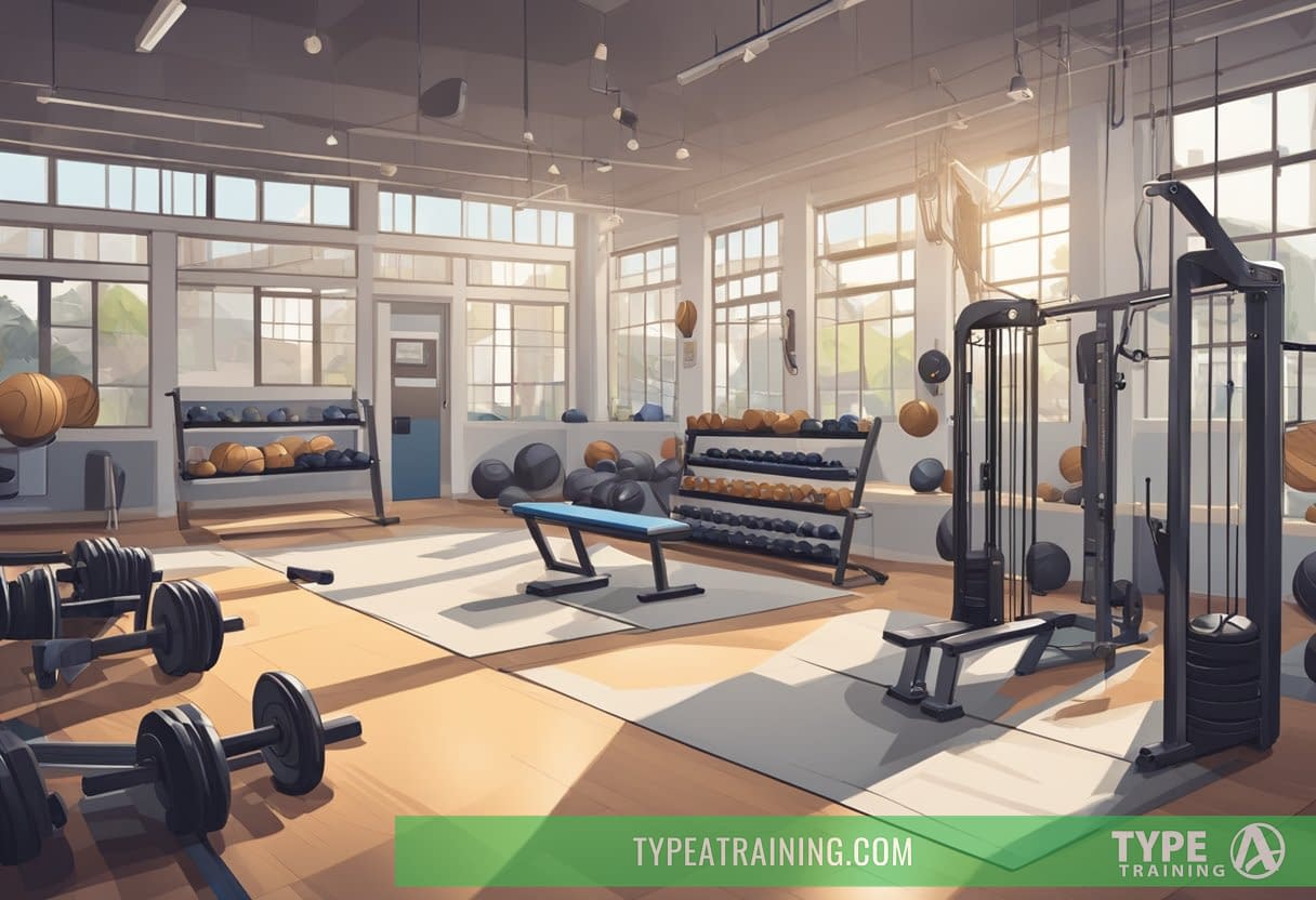 Baseball equipment scattered around a gym, with weights, benches, and resistance bands. A baseball player performing various strength exercises under the guidance of a coach