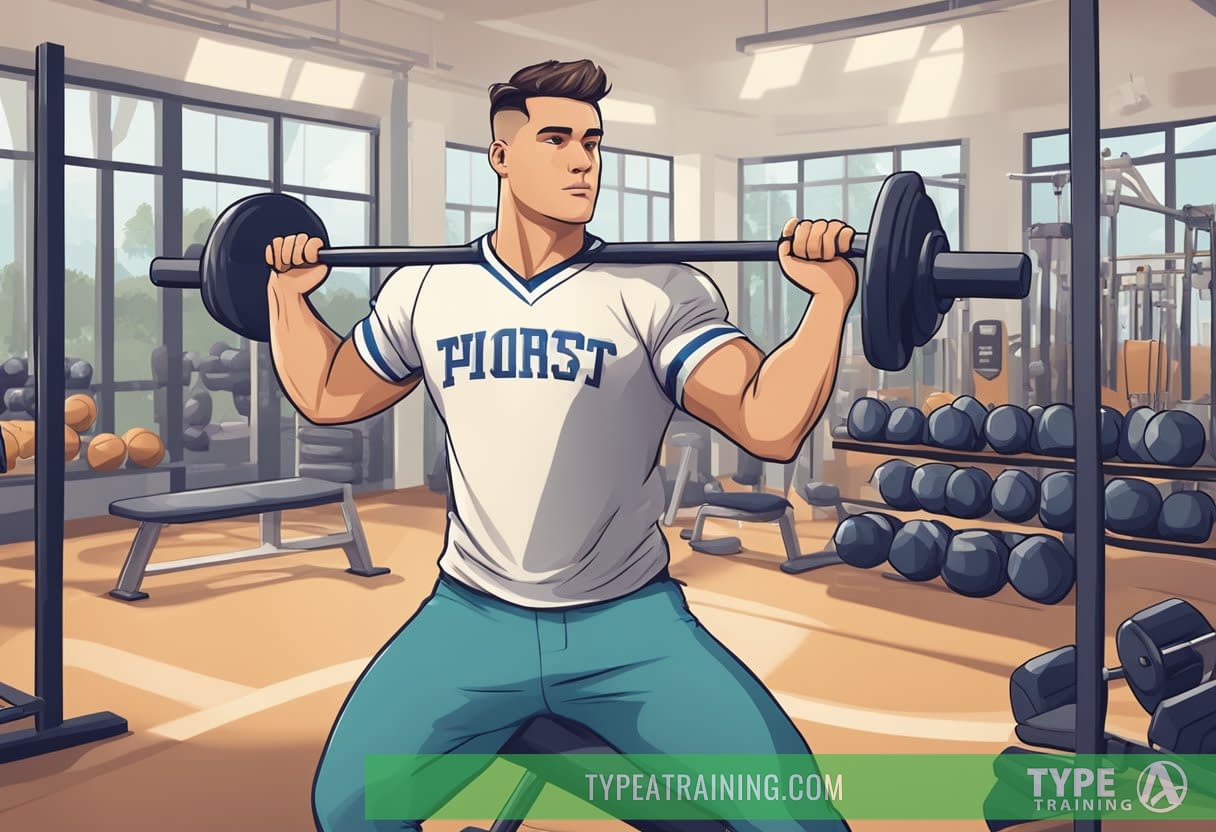 A baseball player lifts weights in a gym, surrounded by various exercise equipment and motivational sports posters
