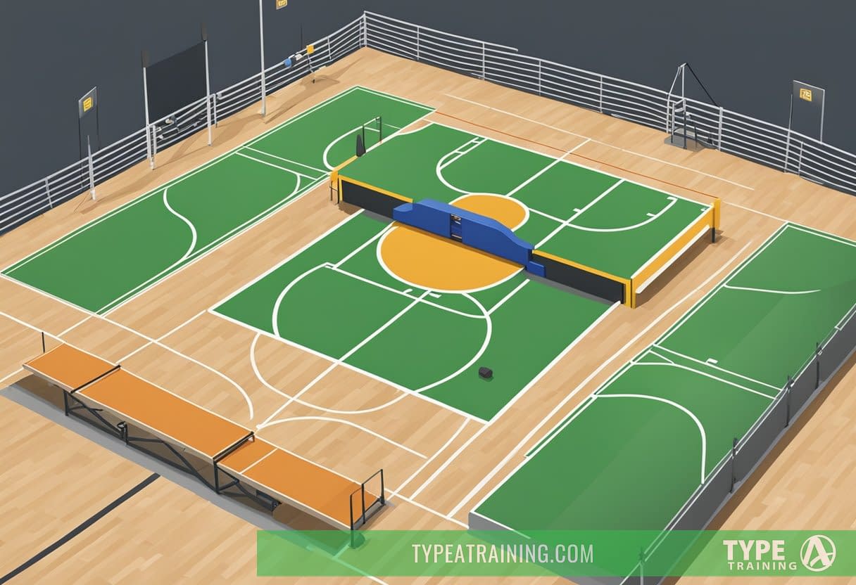 A basketball court with weights, plyometric boxes, and agility ladder set up for a power and plyometrics training program