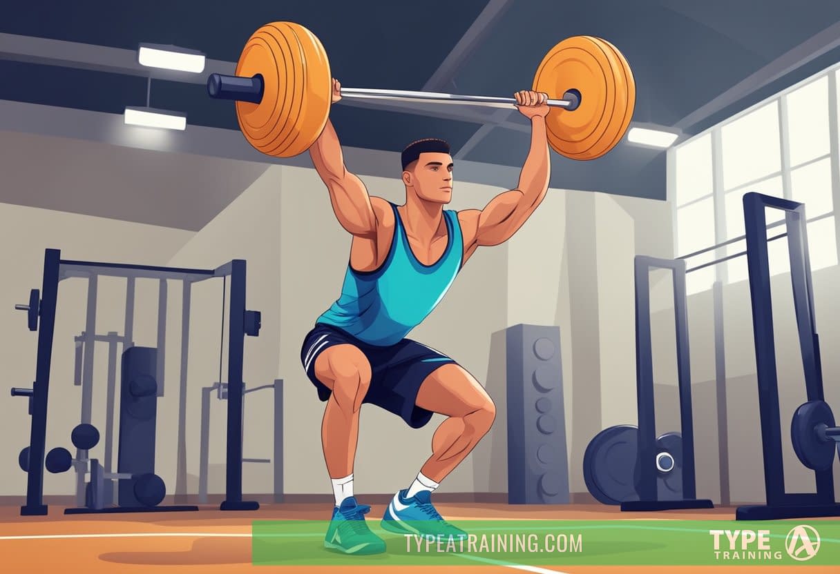 Athlete lifts weights with proper form and safety equipment in basketball training program