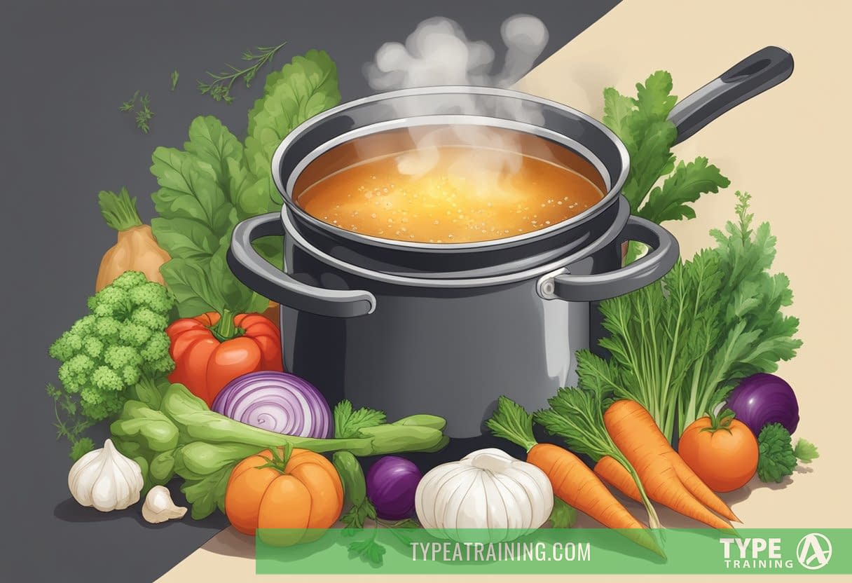 A pot of simmering bone broth surrounded by fresh vegetables and herbs, with a steam rising from the pot