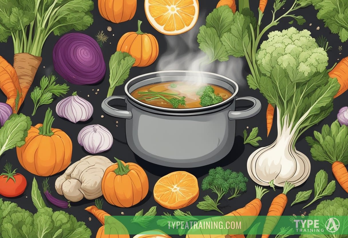A steaming pot of bone broth surrounded by colorful vegetables and herbs, with a warm, comforting aroma rising from the pot