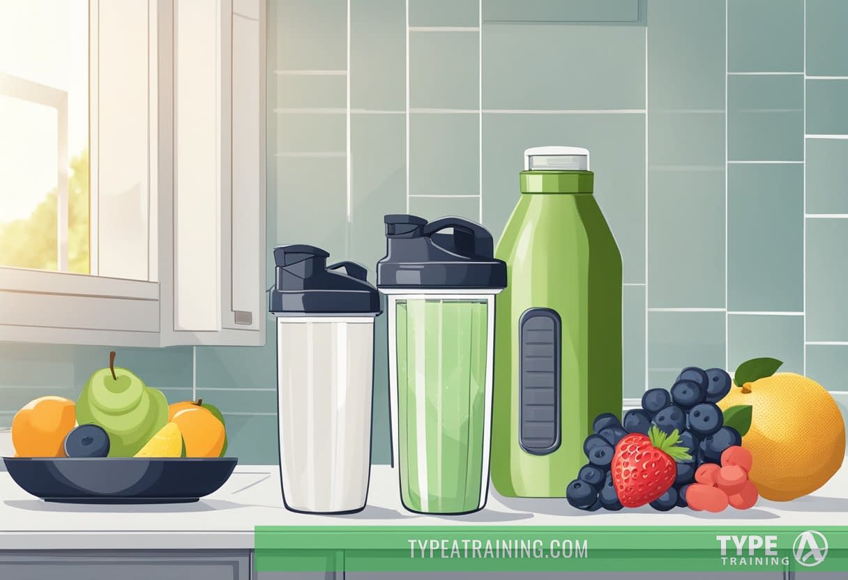 A protein shake sits on a clean kitchen counter, surrounded by fresh fruits and a blender. A workout towel and water bottle are nearby